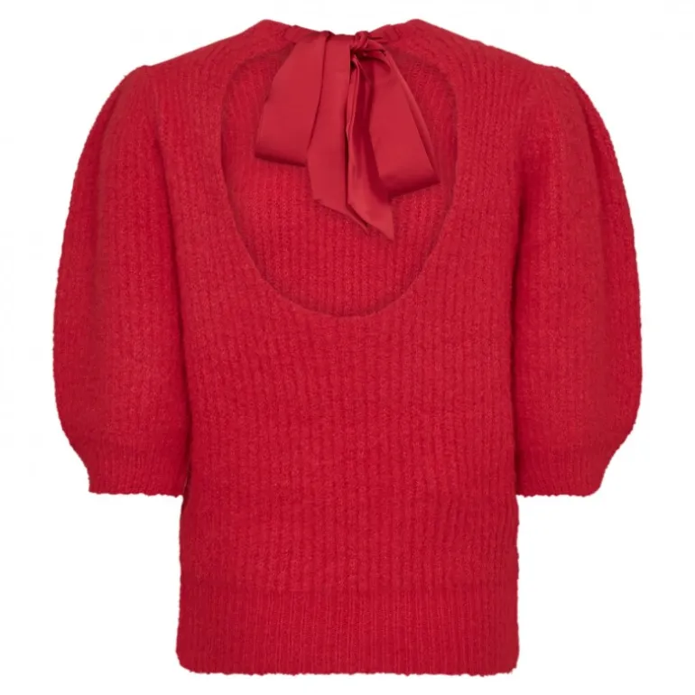 Co'Couture CoralieCC Bow Rib Knit - Rød strik med sløjfe 32135 Flame fra Co'couture