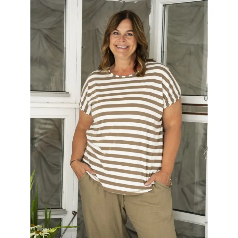 Gozzip GGitte T-shirt - Beige/hvid stribet G252082 Clay fra Gozzip
