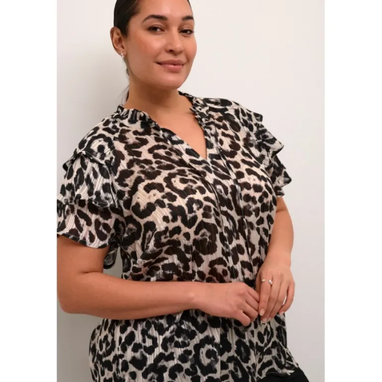 Kaffe Curve KCsaphia Blouse - Sort/hvid leopard printet chiffon bluse 10582700 Black/White Leopard fra Kaffe Curve