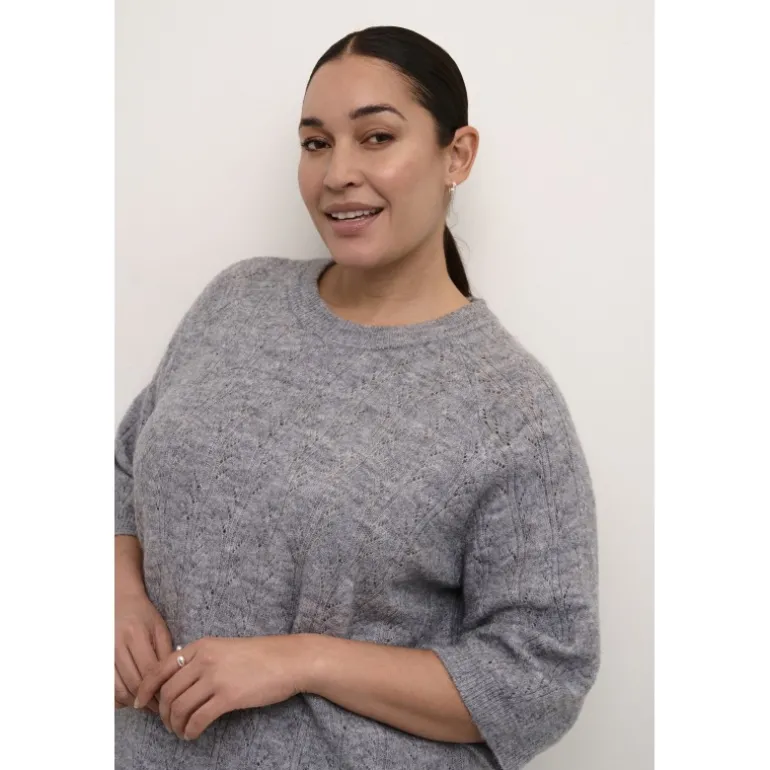 Kaffe Curve KCtenna Pullover - Gråmeleret strik med korte ærmer 10582836 Grey Melange fra Kaffe Curve