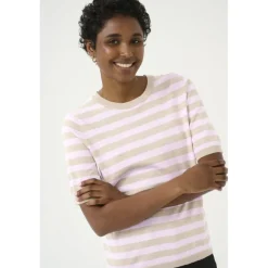 Kaffe KAlizza Striped Knit - Kortærmet stribet strik 10508410 Feather Gray Melange/Pink fra Kaffe