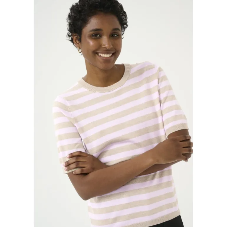 Kaffe KAlizza Striped Knit - Kortærmet stribet strik 10508410 Feather Gray Melange/Pink fra Kaffe