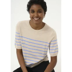 Kaffe KAlizza Striped Knit - Kortærmet stribet strik 10508410 Feather Gray Melange/Blue fra Kaffe