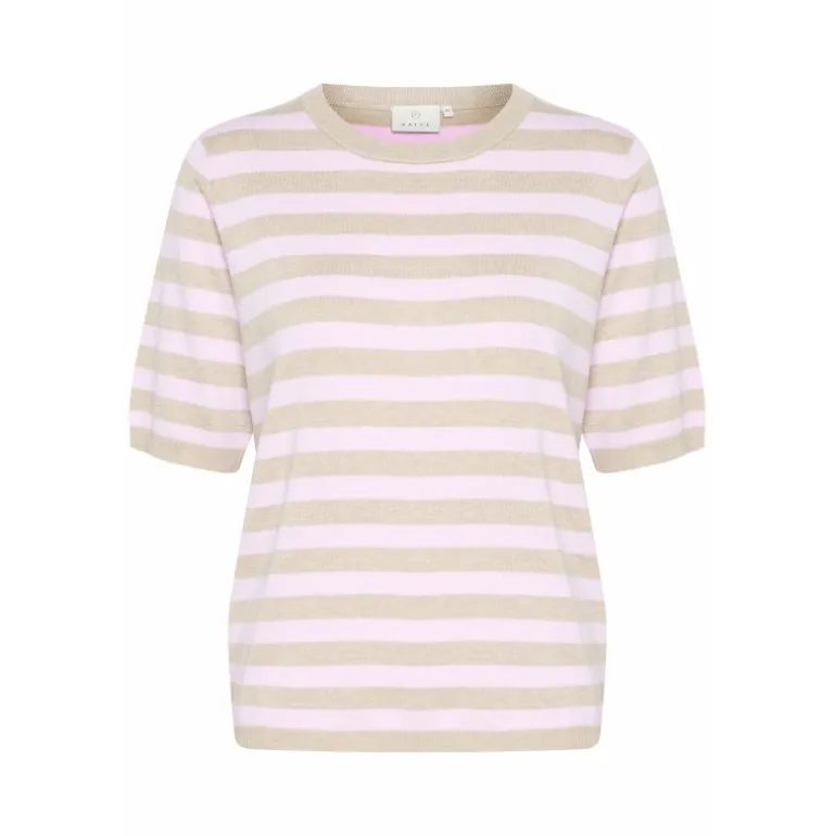 Kaffe KAlizza Striped Knit - Kortærmet stribet strik 10508410 Feather Gray Melange/Pink fra Kaffe