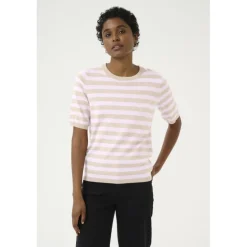 Kaffe KAlizza Striped Knit - Kortærmet stribet strik 10508410 Feather Gray Melange/Pink fra Kaffe