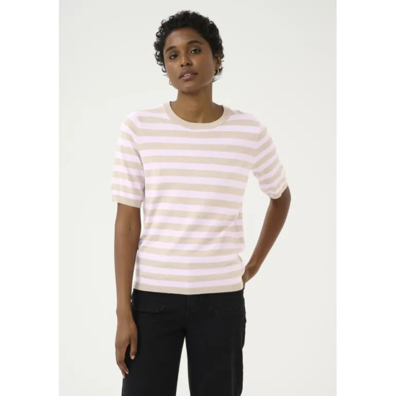 Kaffe KAlizza Striped Knit - Kortærmet stribet strik 10508410 Feather Gray Melange/Pink fra Kaffe