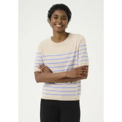 Kaffe KAlizza Striped Knit - Kortærmet stribet strik 10508410 Feather Gray Melange/Blue fra Kaffe