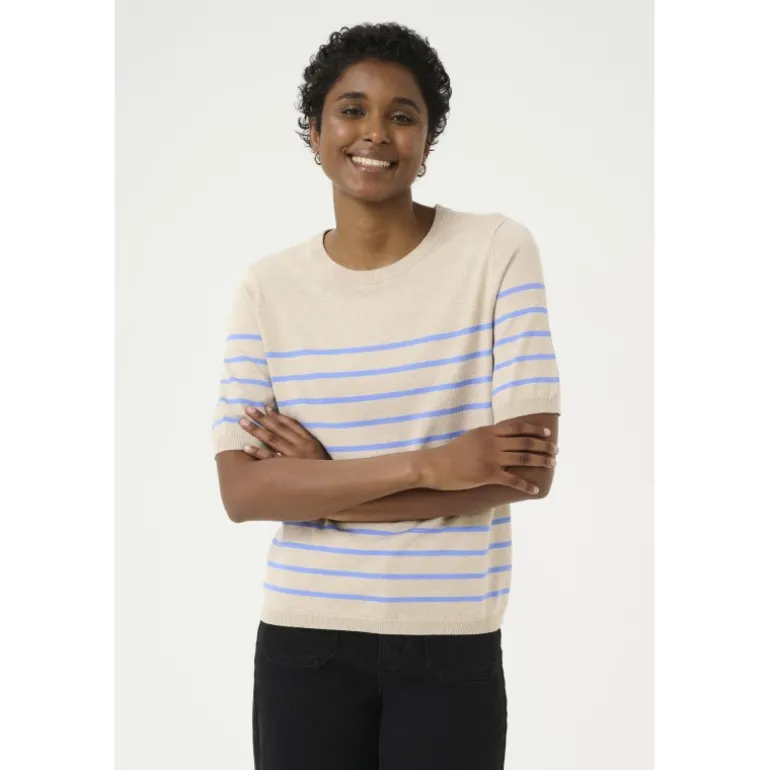Kaffe KAlizza Striped Knit - Kortærmet stribet strik 10508410 Feather Gray Melange/Blue fra Kaffe