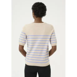 Kaffe KAlizza Striped Knit - Kortærmet stribet strik 10508410 Feather Gray Melange/Blue fra Kaffe