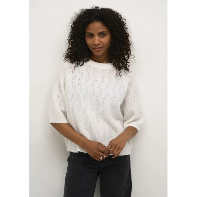Kaffe KAtella Pullover - Hvid strik med korte ærmer 10509496 Chalk fra Kaffe