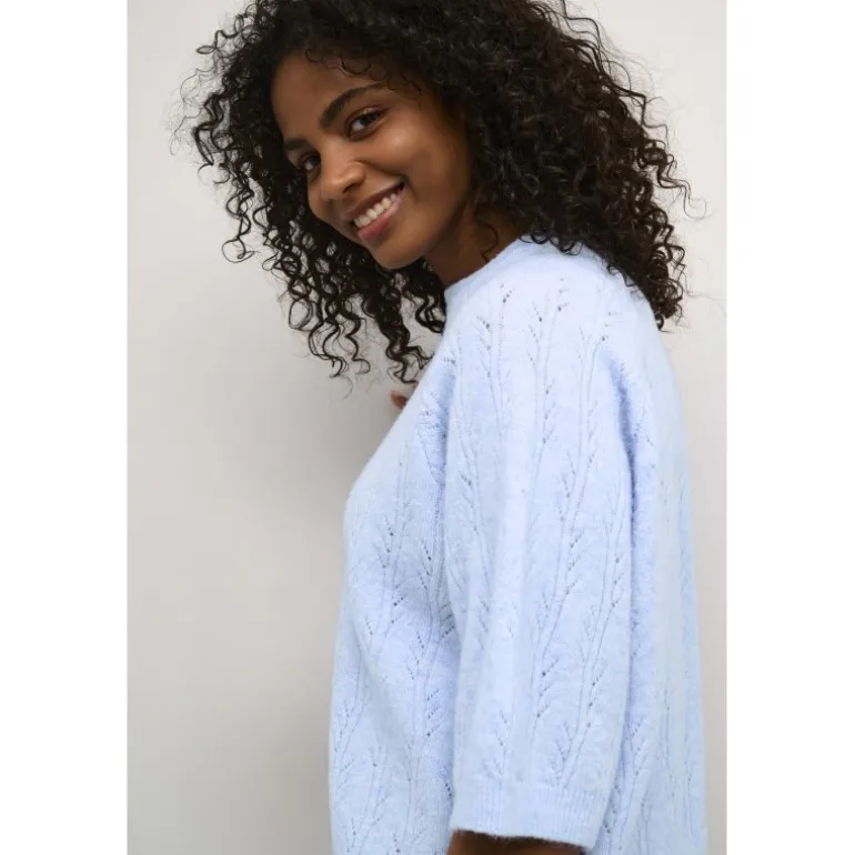 Kaffe KAtella Pullover - Lyseblå strik med korte ærmer 10509496 Windsurfer Melange fra Kaffe