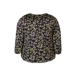 Zhenzi Sylvia 452-Blouse 3/4 - Sort/grøn blomstret bluse 200452 Cypress Green fra Zhenzi
